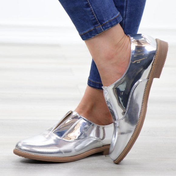 Silver Patent Flat Slip On Oxford Loafers - Picture 10 of 15